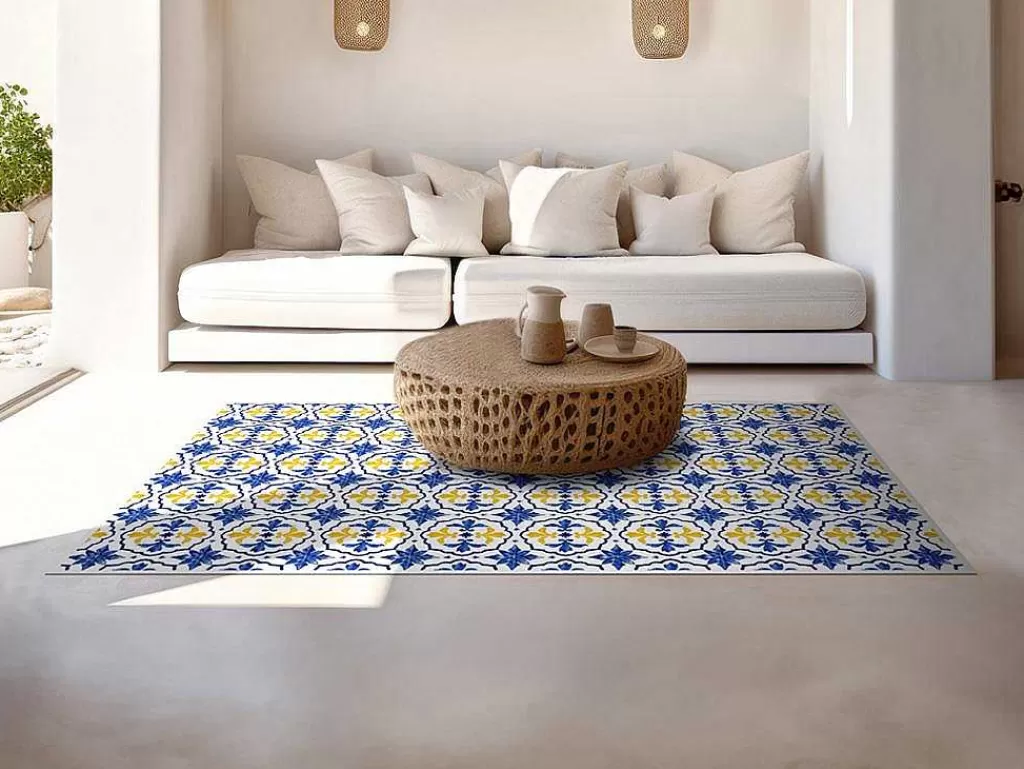 Tapete De Sala*OZAIA Tapete Em Vinil Efeito Azulejo 120X180 Cm Azul E Amarelo - Florili