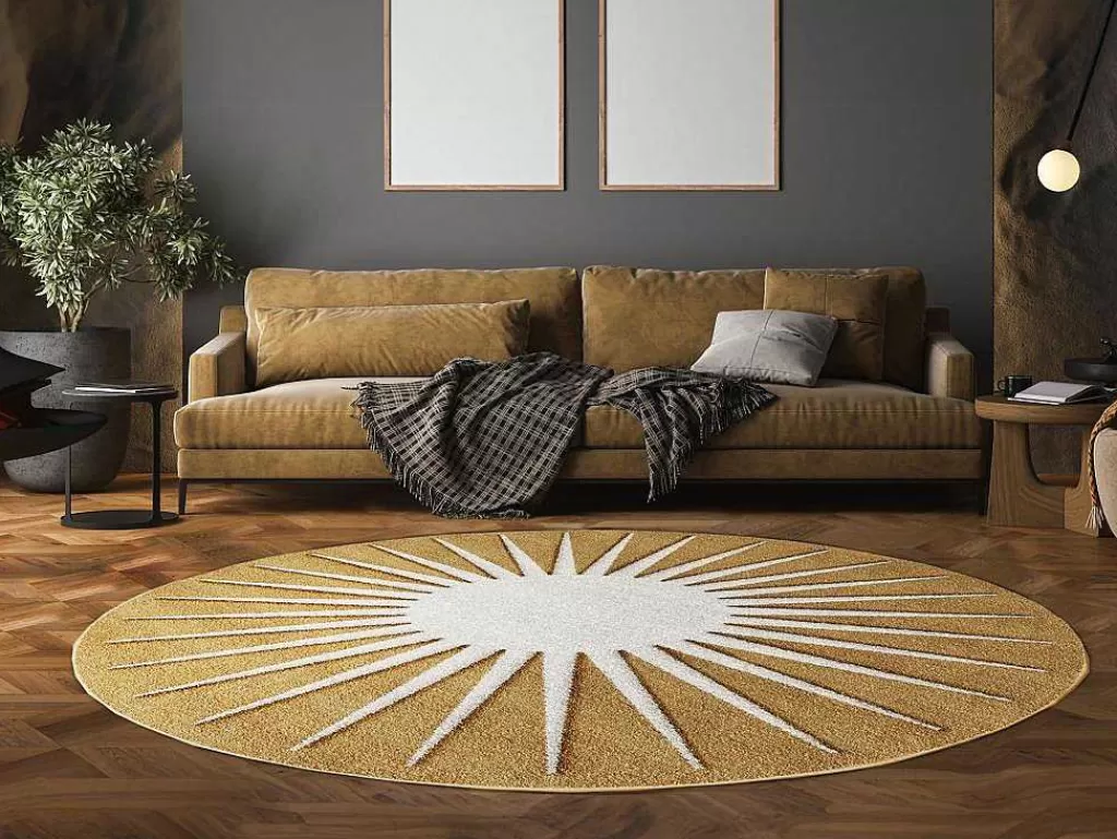 Tapete Redondo*OZAIA Tapete Redondo Sol Com Relevos D200 Cm, Amarelo Mostarda E Branco - Luminio