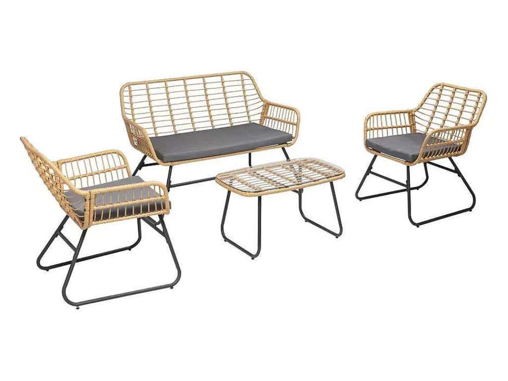 Conjunto Relax De Jardim*Happy Garden Tiga Mobiliário De Jardim Conjunto Em Resina Tecida 4 Assentos - Almofadas Cinzentas