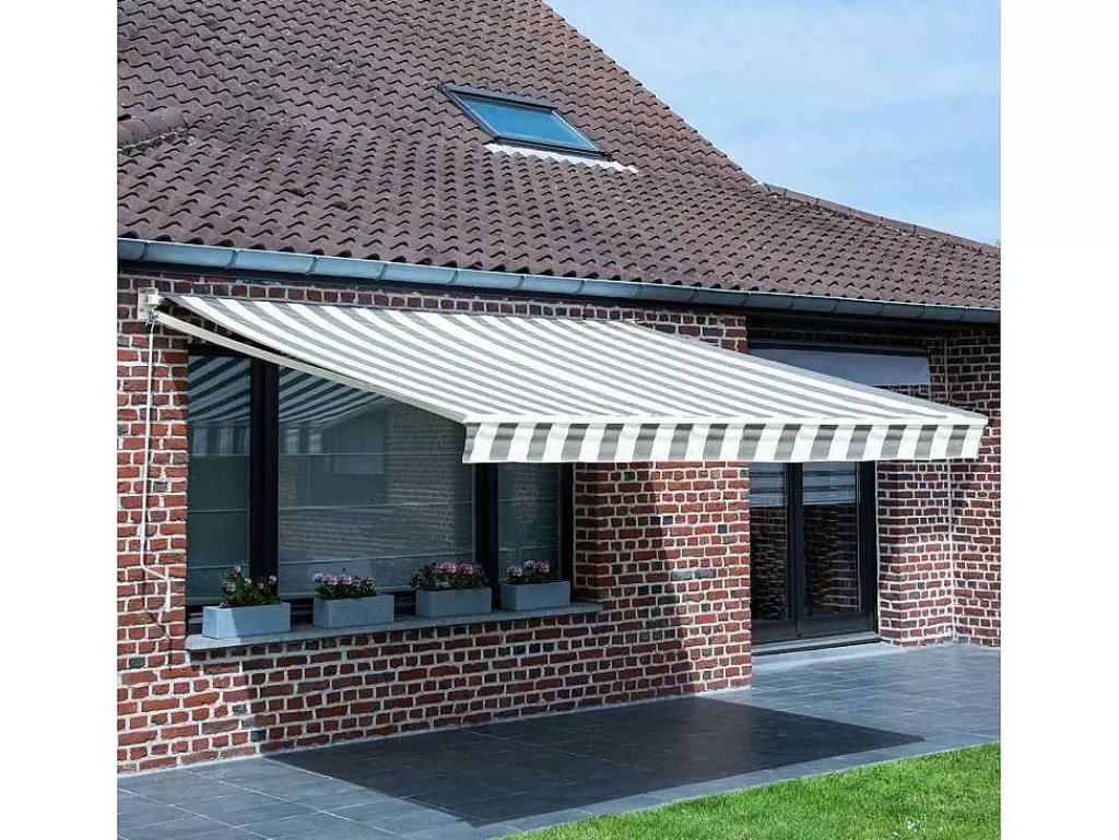 Toldo E Persiana De Exterior*Happy Garden Toldo Saule 3,95 3M - Tecido Riscado Branco/Cinzento E Estrutura Branca