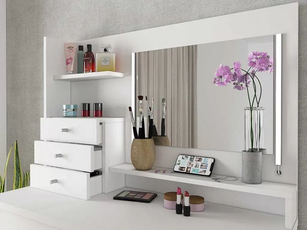 Toucador*Vente-unique Toucador Com Espelho, Leds E Espacos De Arrumação Em Branco - Giuliana