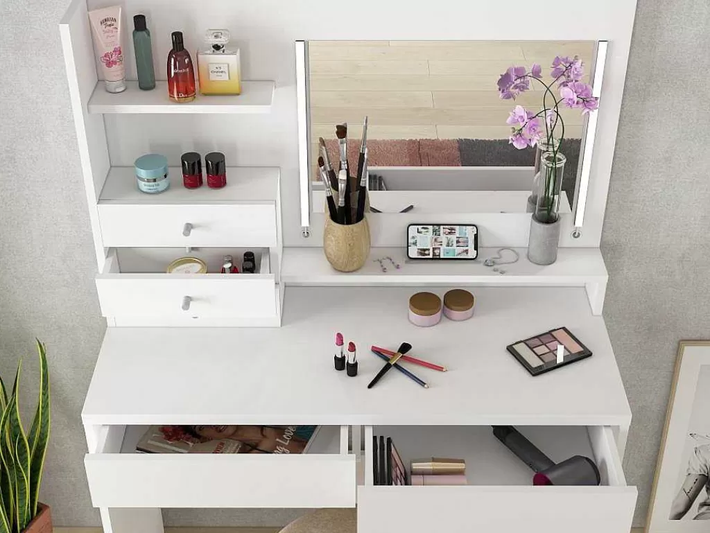 Toucador*Vente-unique Toucador Com Espelho, Leds E Espacos De Arrumação Em Branco - Giuliana
