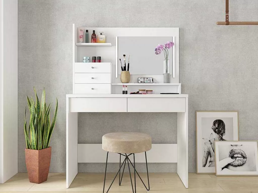 Toucador*Vente-unique Toucador Com Espelho, Leds E Espacos De Arrumação Em Branco - Giuliana